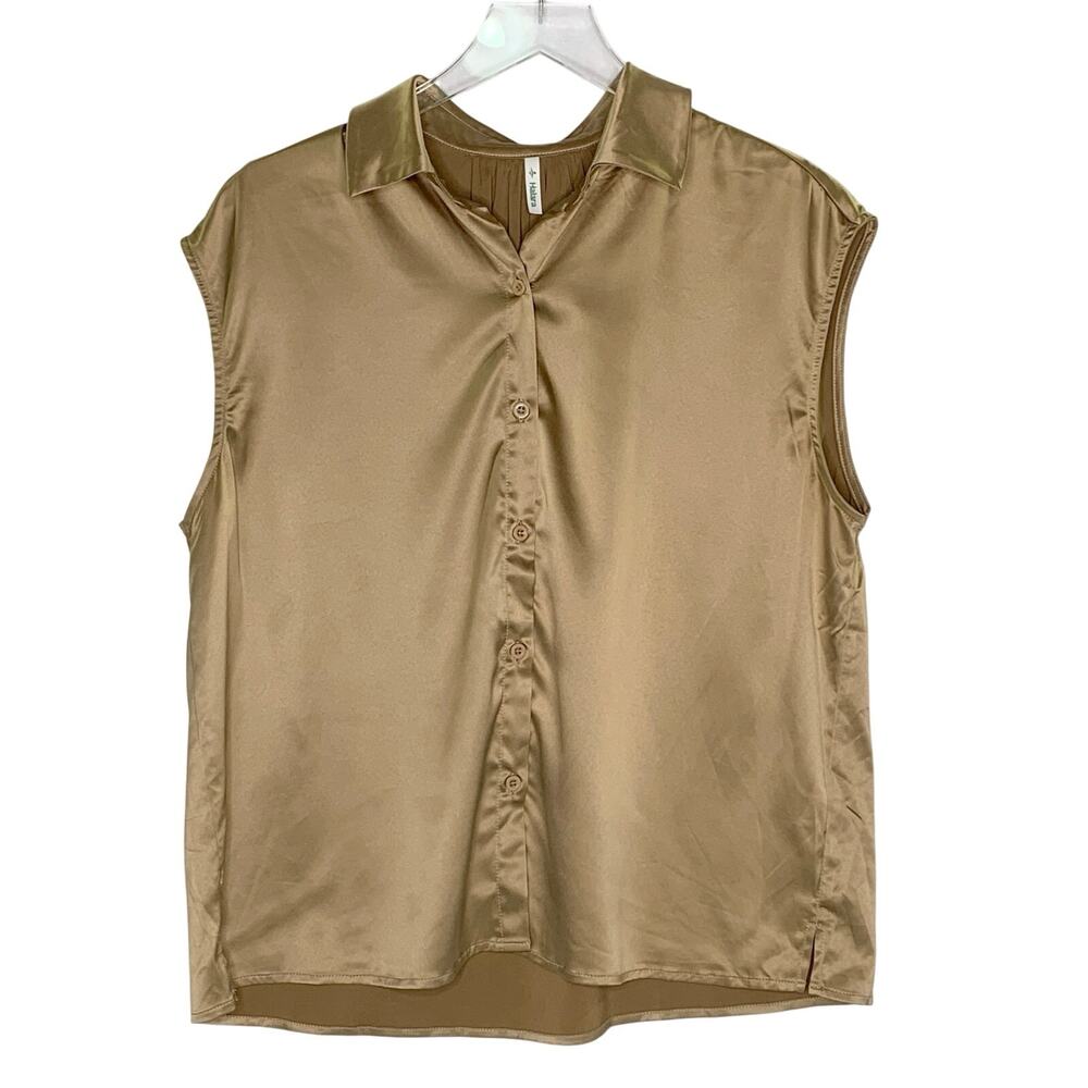 Halara Champagne Satin Sleeveless Button Down Collared Blouse Top L Work